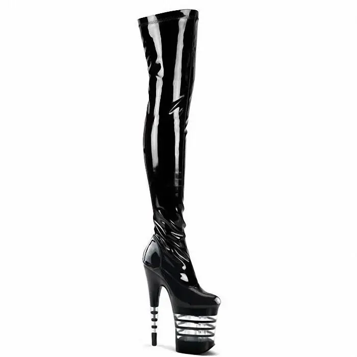 

Sexy Stratified Transparent Platform 20cm Ultra High heels Over The Knee Boots Patent Leather Thigh Boots Niece Night Club Boots