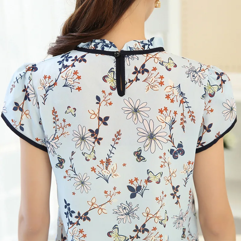 Women's Short Sleeve Printing Chiffon Shirt Summer Large Size Female Bowknot Tops Ladies Leisure Fashion Blouses Shirts H9058