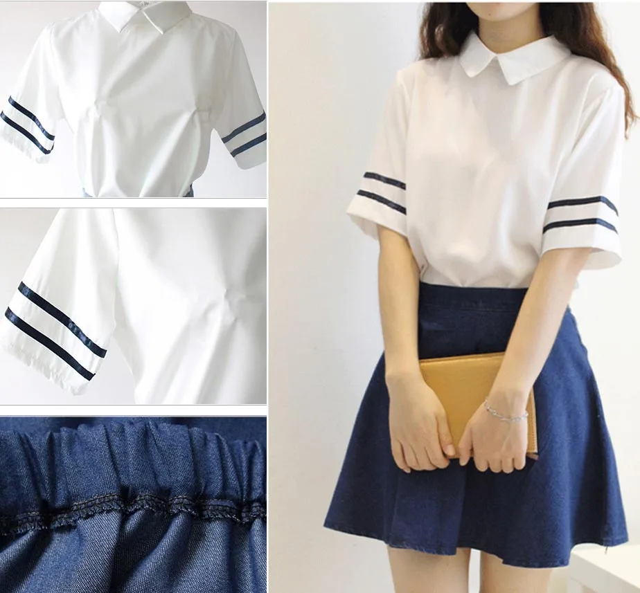 Japanese School Uniform Sailor Short sleeve White Tops + Tie + Skirt Navy Style Jean Skirt Full Set Cosplay JK Costume Summer