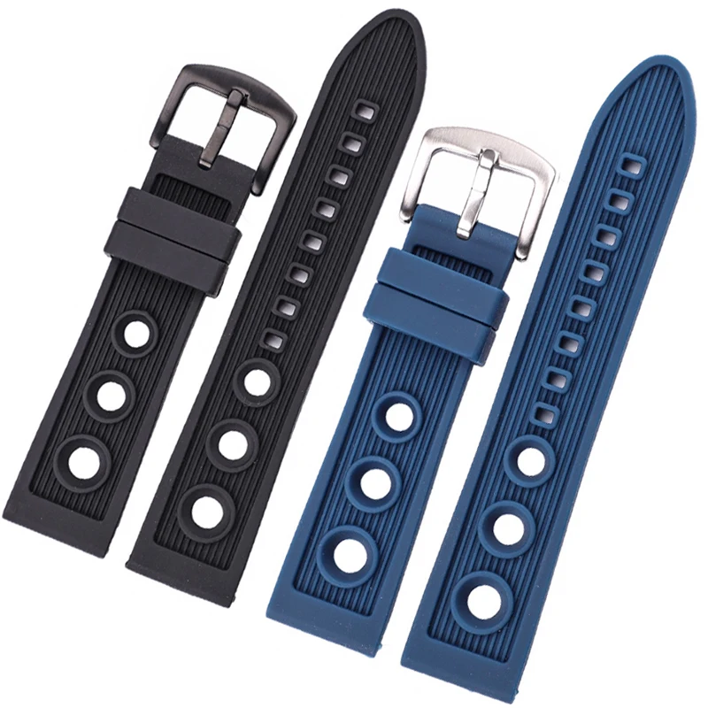 22mm Rubber Watchband Strap Men Soft Diving Black Blue Sport Watch Band Bracelet Metal Pin Buckle Watch Accessories