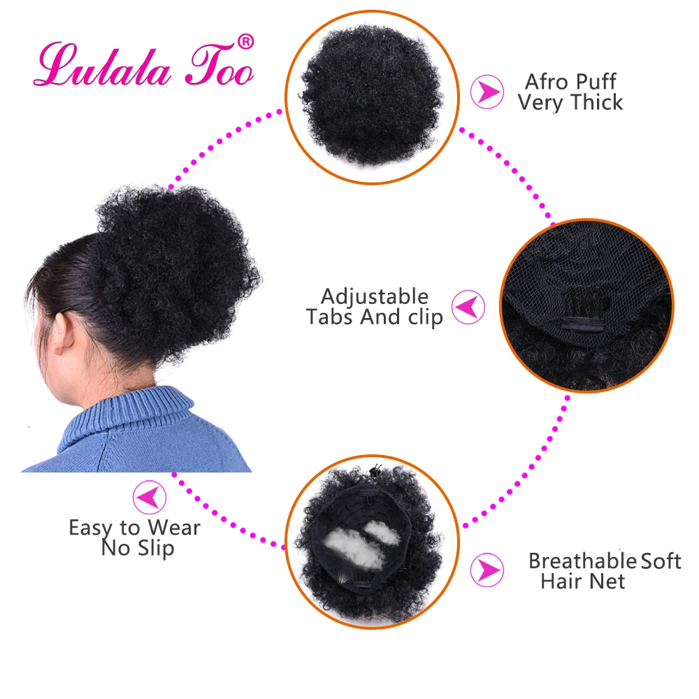 8inch Short Afro Puff Synthetic Hair Bun Chignon Hairpiece For Women Drawstring Ponytail Kinky Curly Updo Clip Hair Extensions