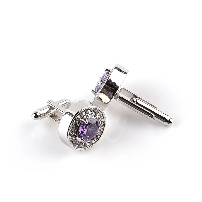 Luxury High-grade jewelry Men\'s White Purple Enamel Crystal Cufflinks Round Wedding Party Cufflink French shirt Cuff Buttons