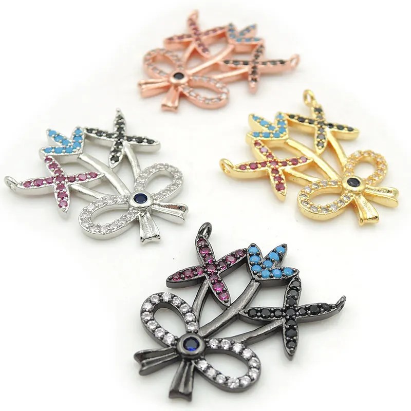 

26*22*2mm Micro Pave CZ Of Mixing Colors Bowknot Plant Charm Of Double Circles Fit For Women As Necklaces Accessory