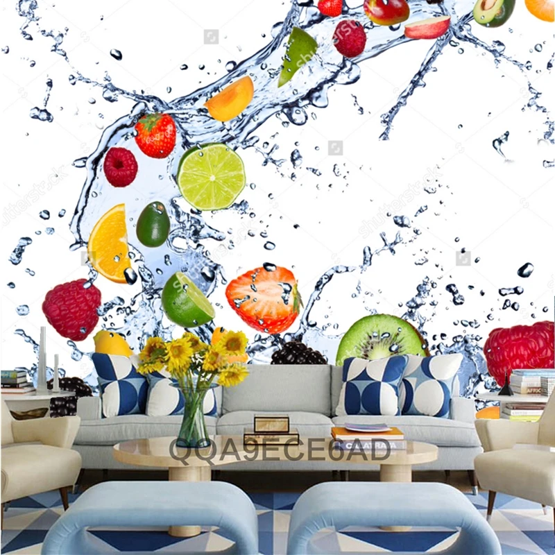 

Fruit wallpaper,Fresh fruits falling in water splash,3D modern for kitchen dining room cafe shop background wall silk mural