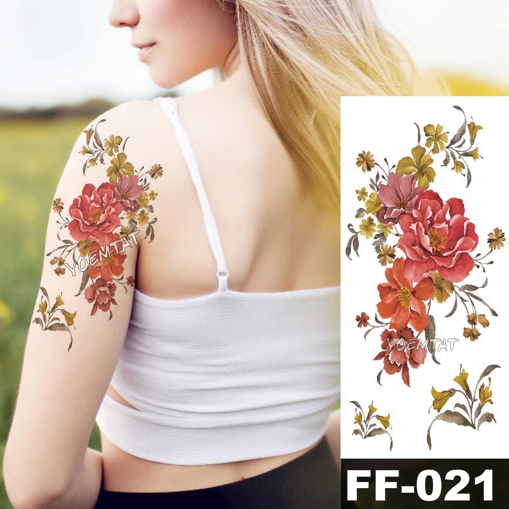 Purple Watercolor Rose Lily Flower Waterproof Tattoo Stickers Women Body Chest Art Temporary Tatto Girl Waist 3D Flowers Tatoo