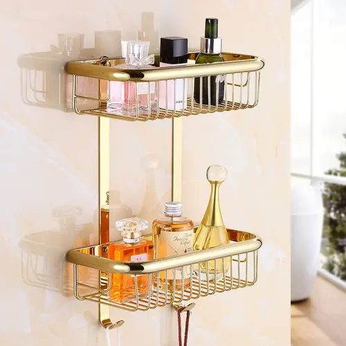 Imagen 2 del producto Estante esquinero para baño, soporte de jabón de doble nivel, latón dorado/cromado, cesta de soporte para champú