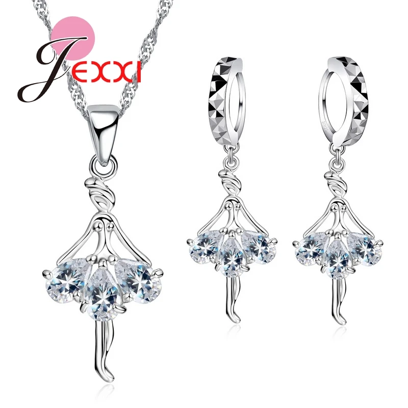 925 Sterling Silver  Dance Ballet Girl Necklace Earrings Cubic Zircon Sets Women Wedding Party Jewelry Set