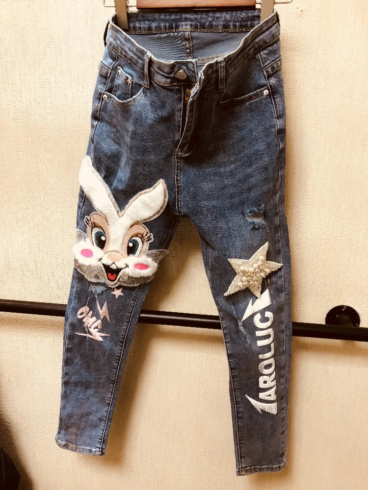 

25-31!2022 spring new fashion embroidery cartoon hole beading skinny pencil jeans women