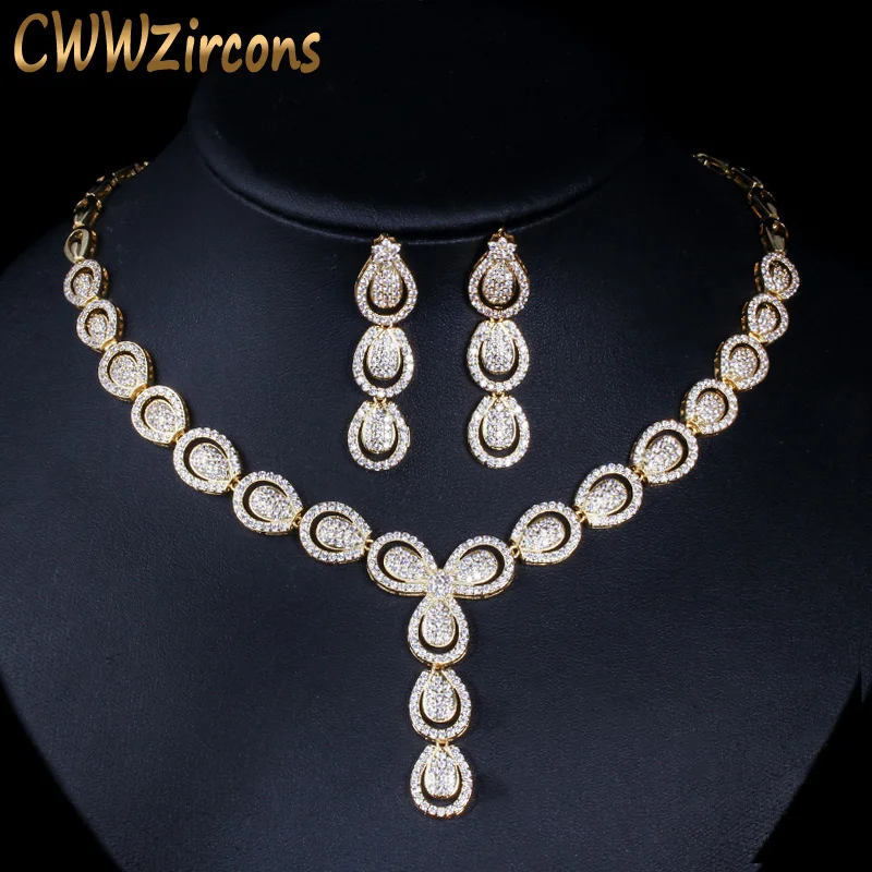 CWWZircons Luxury Dubai Gold Color Jewelry Sets for Women Anniversary Gift CZ Long Water Drop Wedding Necklace Earrings T0538