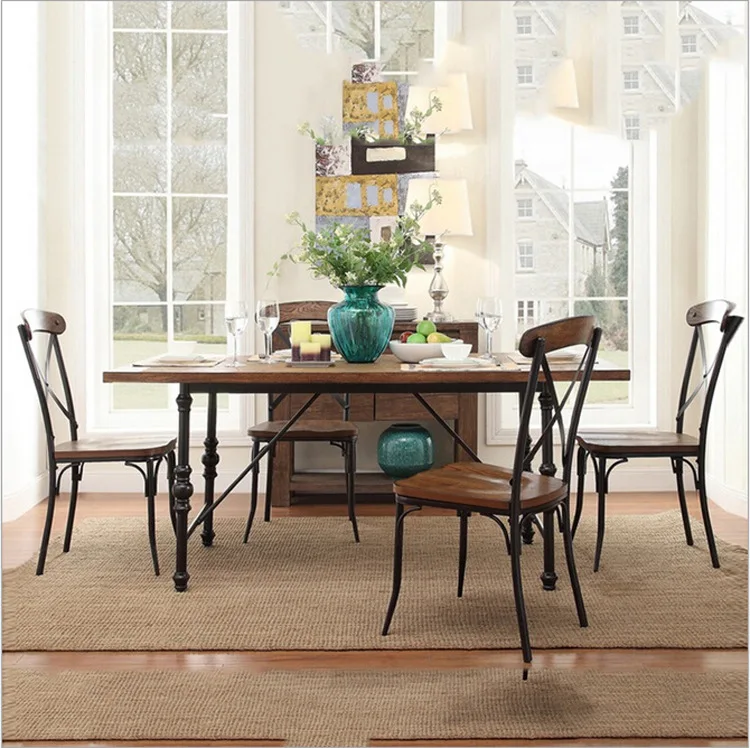 

Factory direct American vintage wood dining tables and chairs iron dinette