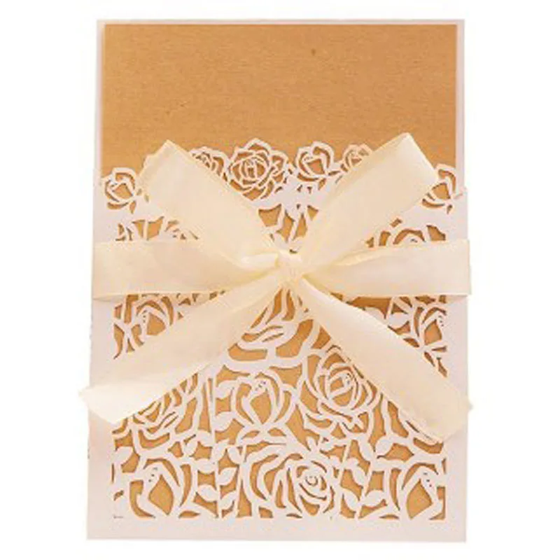 50pcs White Elegant Rose Flora Laser Cut Wedding Invitations Card Customize Print With Ribbon Wedding Decoration Party Supplies