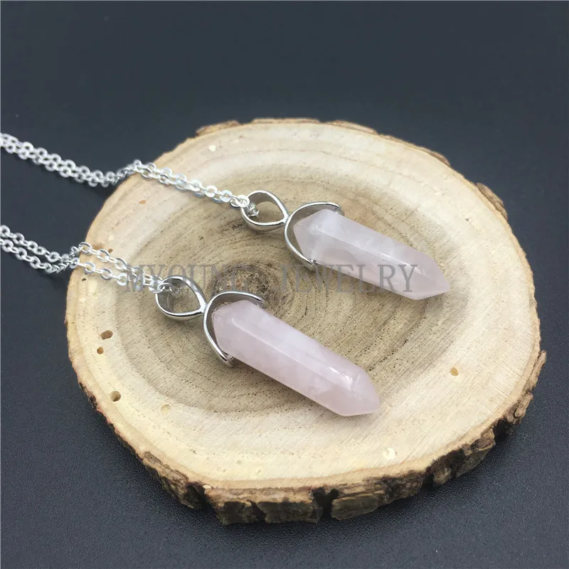 

MY0832 Natural Rose Quartzs Spike Point Pendant Necklace,Hearling Pink Crystal Pillar Pendant Necklace with Silver Chain