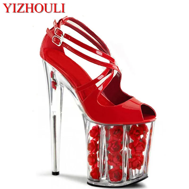 

20cm red flower wedding shoes women motorcycle high heel shoes 8" fashionable dress high heels pole dancing sandals platform