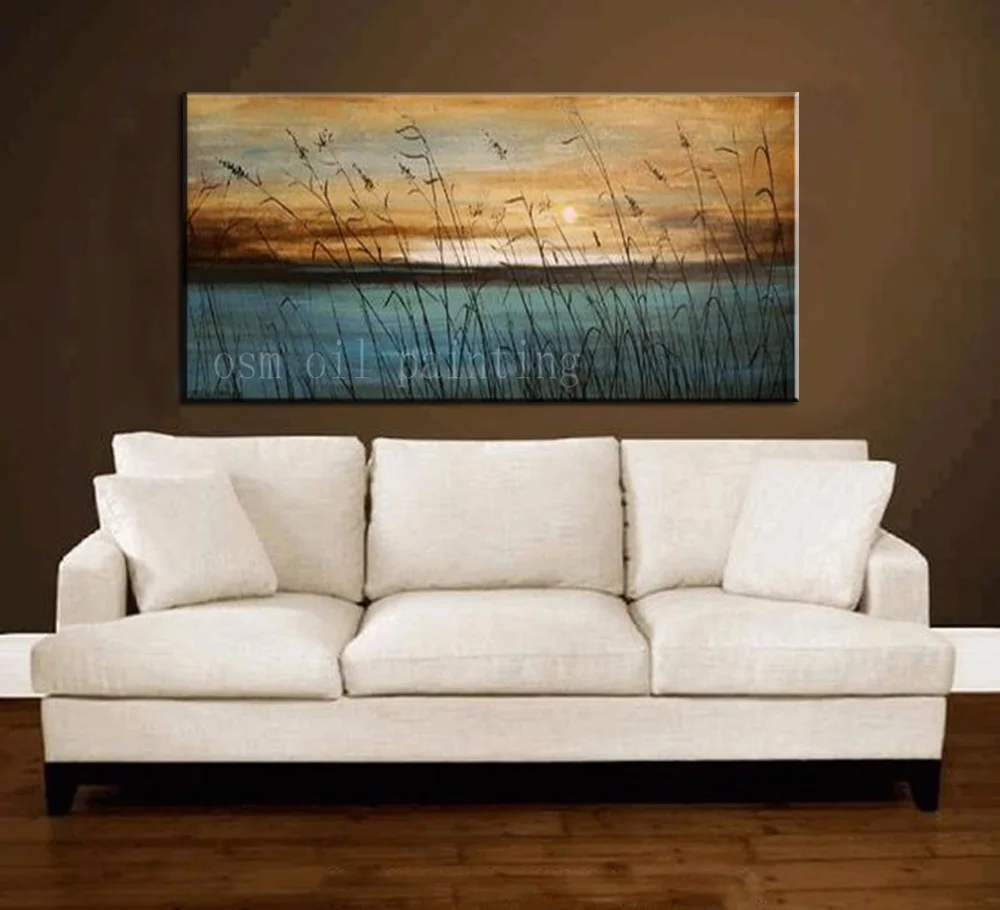 Pure Handmade Modern Reed Landscape Oil Painting on Canvas for Living Room Decoration Sunrise Lake Landscape Wall Painting