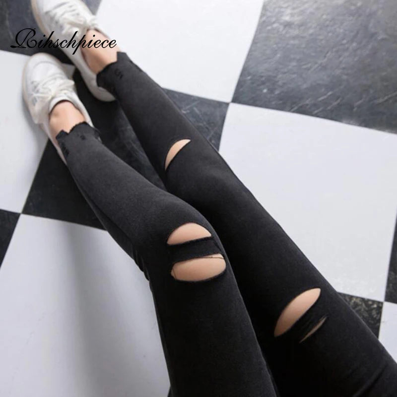 Rihschpiece Spring Plus Size 6XL Ripped Leggings Women Pants Black Punk Jeggings High Waist Legging Slim Trousers RZF1570