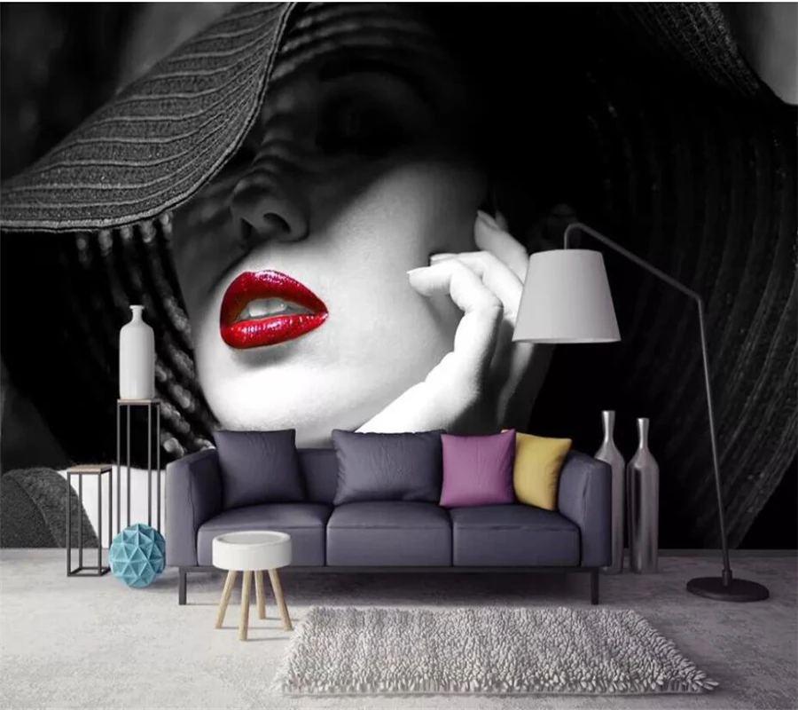 wellyu Custom wallpaper black and white contrast color red lips modern minimalist fashion TV sofa background 3d wallpaper