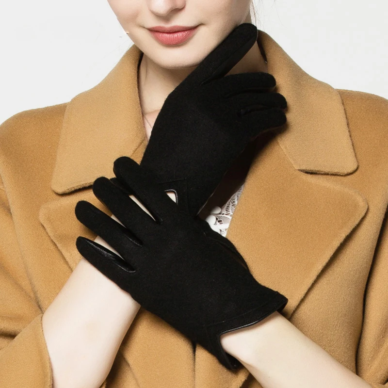 Touchscreen Gloves Female Winter Leather Gloves Sheepskin Wool Driving Knitted Warm Thicken Woman's Gloves TU3612