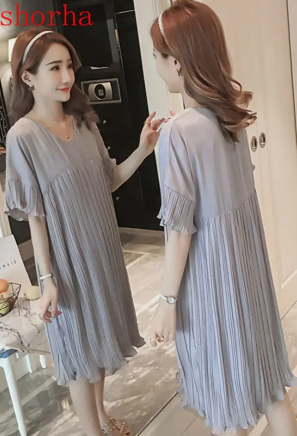 

shorha V Neck Pleated Chiffon Maternity Dress 2019 Summer Korean Fashion Loose Clothes for Pregnant Women Pregnancy Clothing