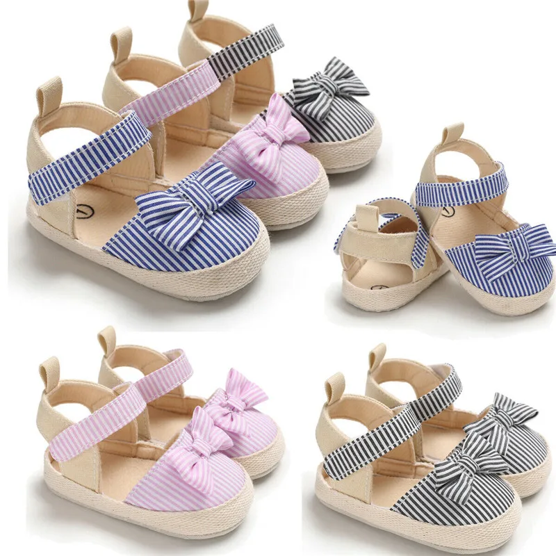 Newborn Baby Sandals Summer Toddler Girl Princess Canvas Soft Crib Shoes Bowknot  Striped Shoes Prewalker Sneaker 0-18Months