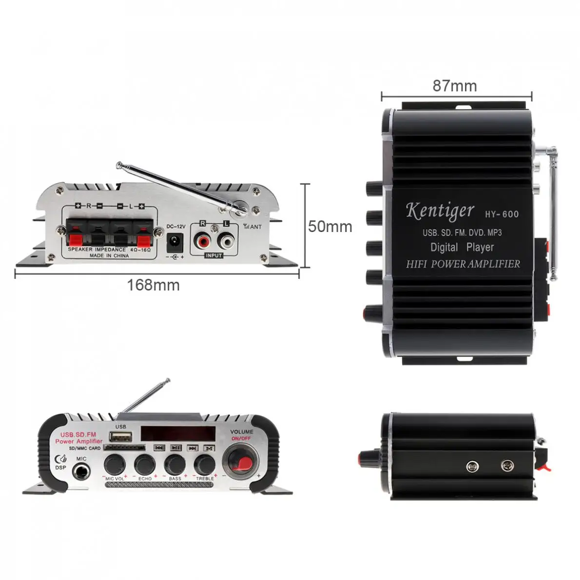 Kentiger HY-600 2CH HI-FI Car Audio Power Amplifier FM Radio USB MP3 Stereo Digital Player Support U disk SD / MMC card