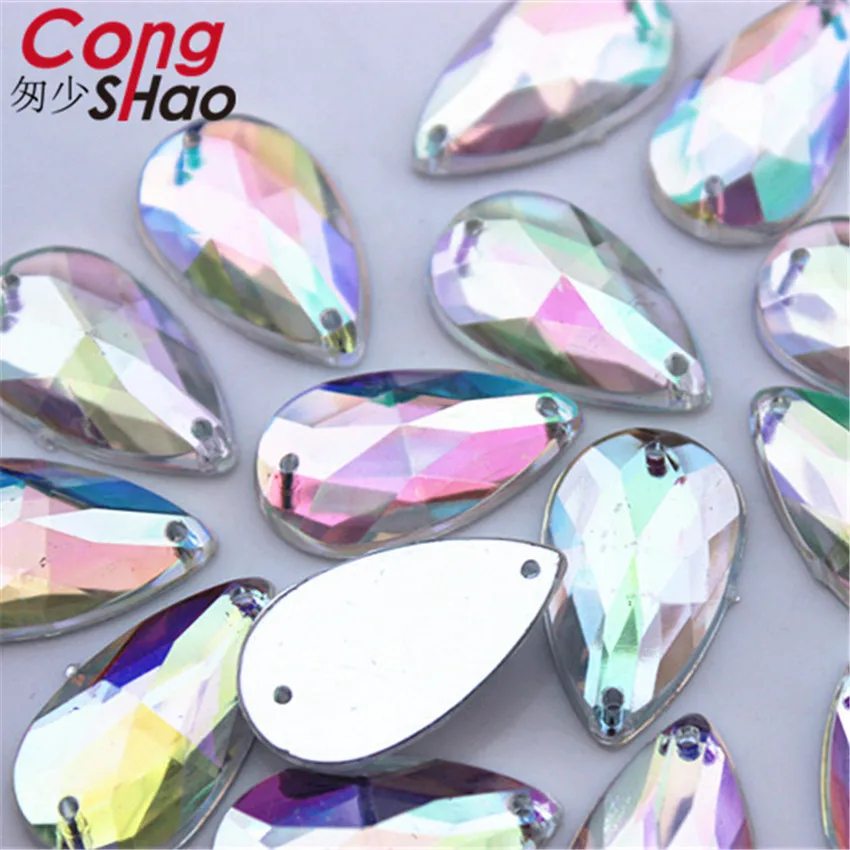 Cong Shao 100pcs 14*24mm AB Color Drop Pear Stone Crystals Flatback Acrylic Rhinestone Trim Sewing 2 Hole Costume Button CS330