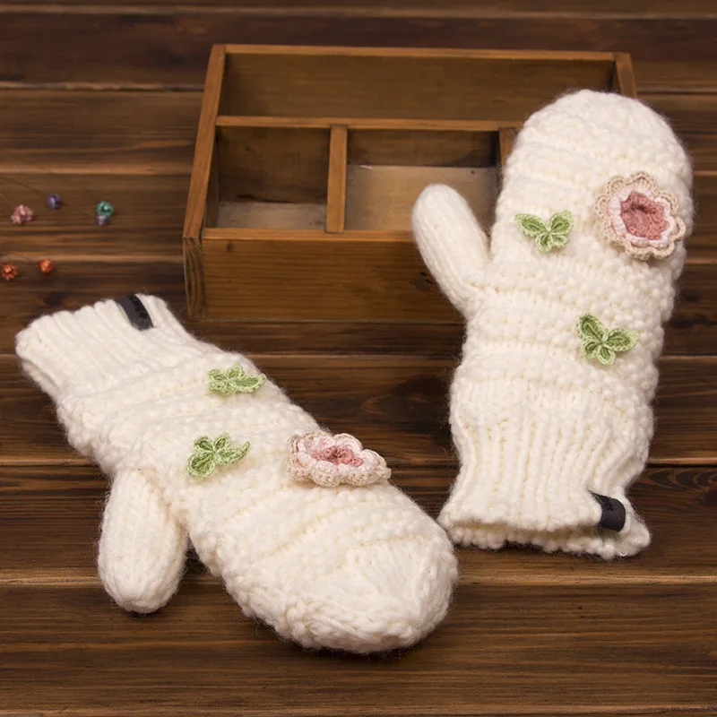

100% Handmade Winter Warm Mittens Knitted Gloves with Flowers
