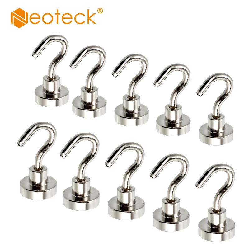 Neoteck 10Pcs Ferrite Magnetic Hooks N38 Neodymium Hold 5.5kg Strong Magnet Hanger Rare Earth Hooks Neodymium Holder