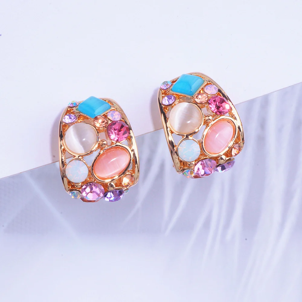 Classic Korean Geometric Hollow Out Opal Stud Earrings Brincos Colorful Crystal Stud Earrings For Women Fashion Wedding Jewelry