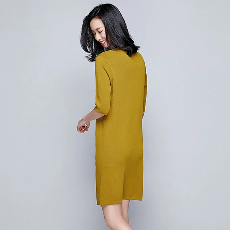 Knitted Dress Women 62% Viscose Blends Elastic Fabric O Neck Half Sleeve Ruffles 3 Colors Casual Straight Dress New Fashion 2018