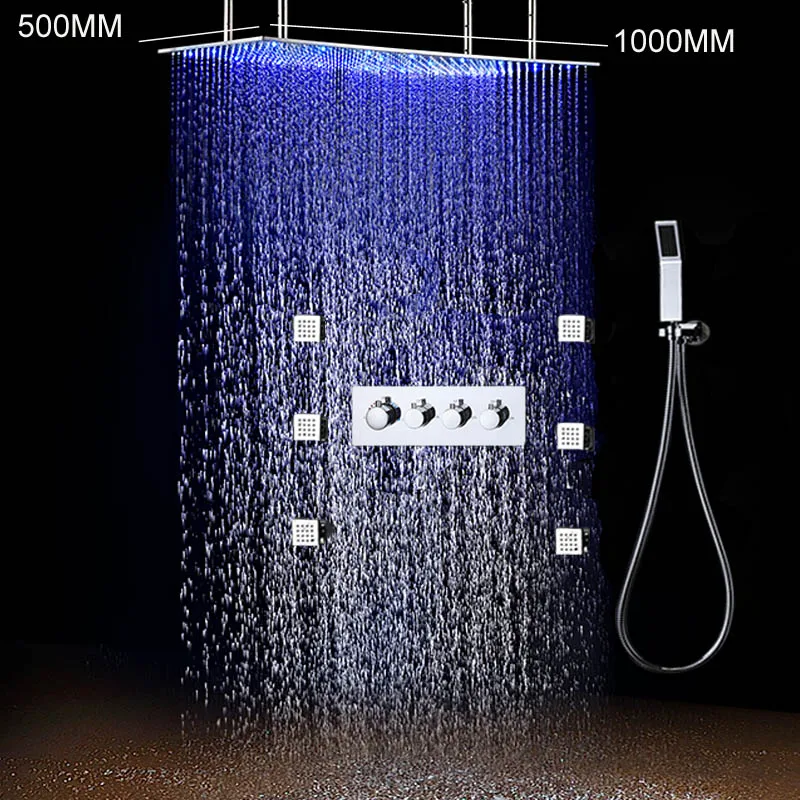 High Flow Thermostatic Mixer Set Ceiling Rain Large Shower System Led Shower Faucets 500 x 1000 MM Massage Body Spray Jets