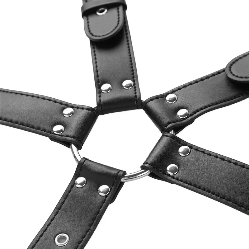 MSemis Men Leather Bondage Full Body Bondage Harness Detachable Strap with O Ring Open Crotch Men Harness Gay Adult Game