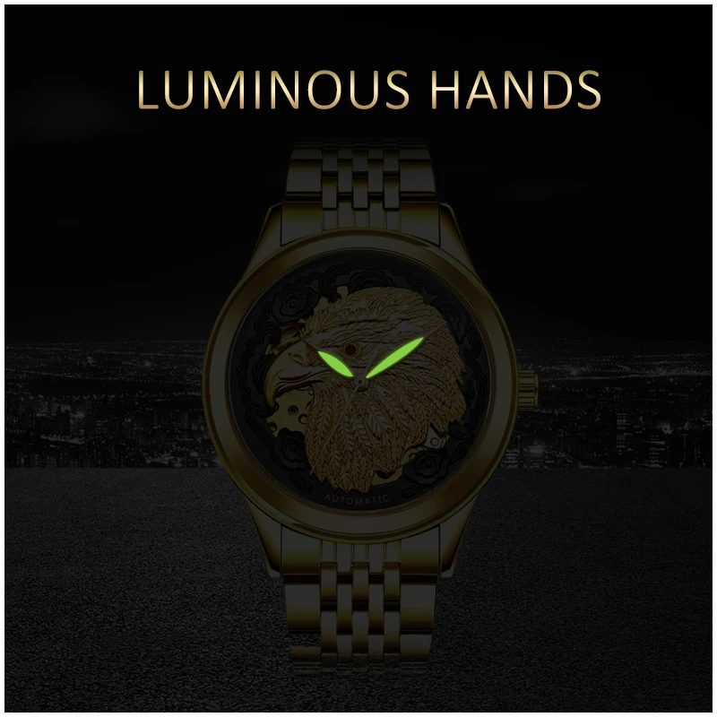 Carve Eagle-Reloj de pulsera para hombre, accesorio masculino de pulsera de acero inoxidable con mecanismo automático de movimiento, complemento