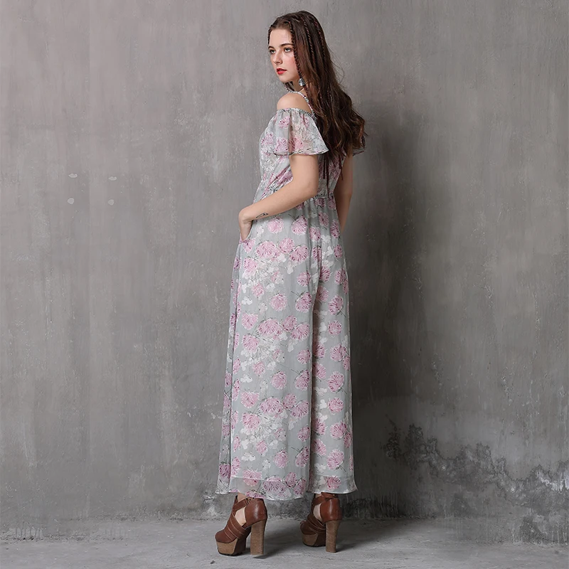 Women Jumpsuit 2018 Yuzi.may Boho New Chiffon Female Off Shoulder Floral Print Loose Wide Leg Full Length Jumpsuits A82080