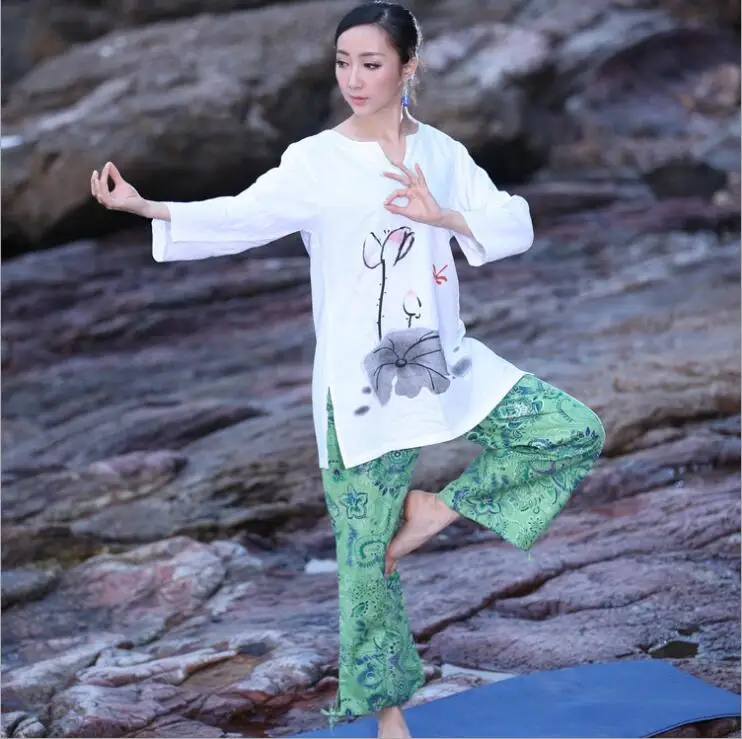 High-end Materials cotton hemp long sleeve Yoga set Jacket + Pants  printing Ink Lotus Tai Chi Zen Yoga Linen Cotton muse suits