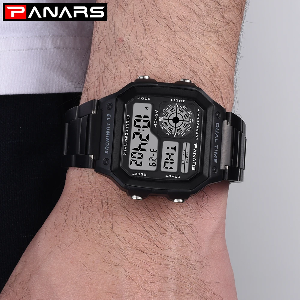 PANARS G style Sports Watch Man Count Down Waterproof Watch Stainless Steel Digital Wristwatches Male Clock Relogio Masculino