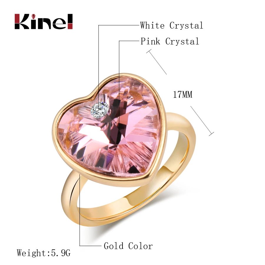 Kinel Fashion Heart Crystal Wedding Rings For Women Female Cubic Zirconia Engagement Party Pink Ring Statement Charm Jewelry