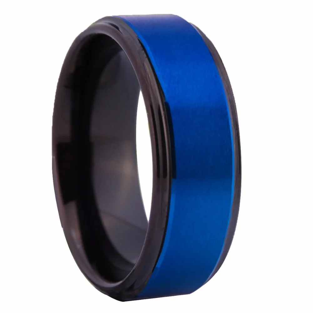 Men's Tungsten Wedding Ring Women Engagement Rings Free Engraving Ring Blue Matte Center Black Steps Comfort Fit Design Ring