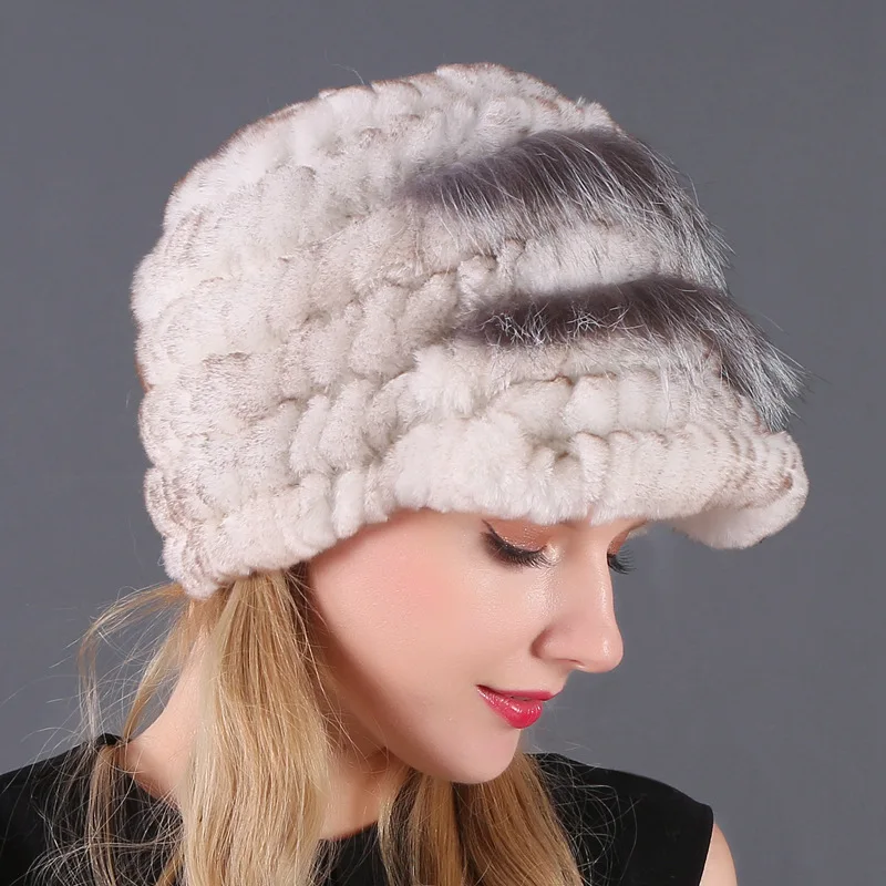 Winter Thickened Visor Hat Women Rex Rabbit Fox Fur Cap Ladies Fashion Warm All-match Outdoor Casual Ear Covering Caps H7027