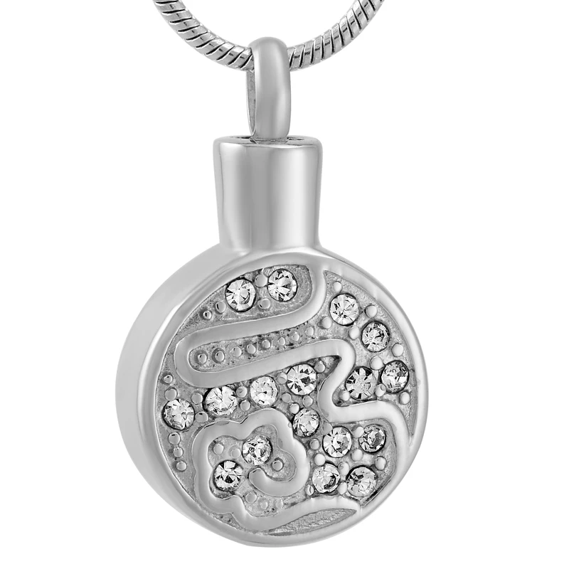 IJD9577 Round Crystal Pattern Stainless Steel Pendant Cremation for Ashes Urn Necklace Keepsake Memorial Jewelry