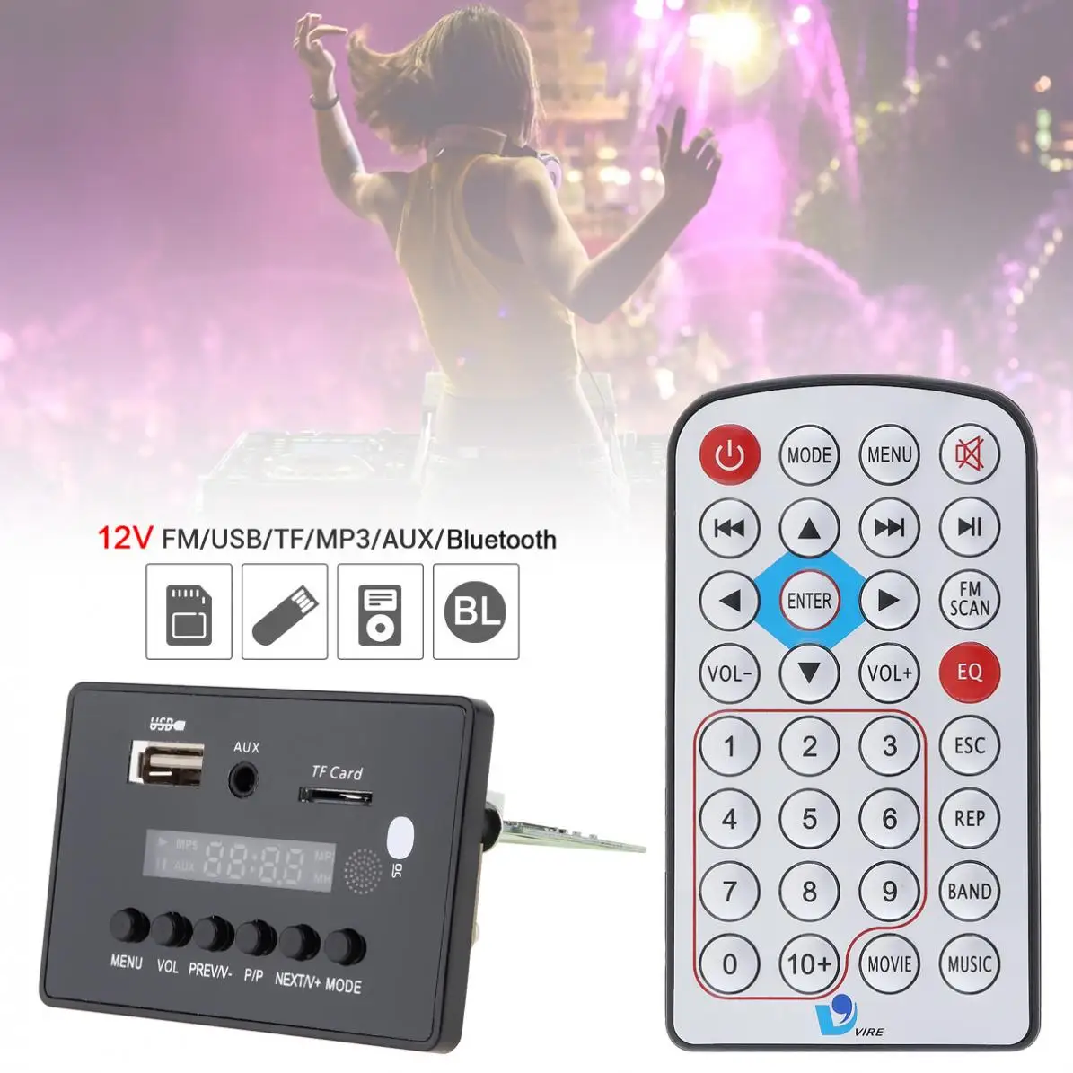 

80Hz-15KHz 12V DTS Lossless Bluetooth-compatible Video Player Decoder Support USB TF AUX FM Radio for MP3 / MP4 / MP5