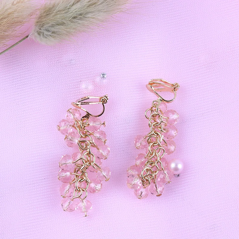 New Fashion Handmade Grape Bunches Luxury Crystal Beads Clip Earrings Without Piercing For Female Wedding Party Ear Clip Jewelry