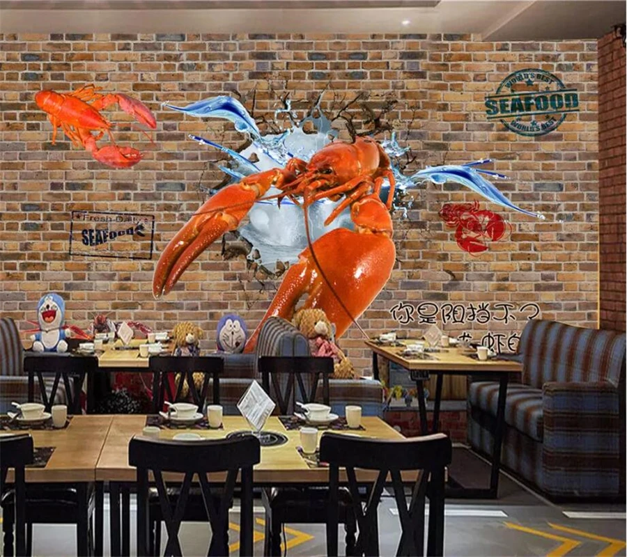 

Beibehang papel de parede Custom mural 3d retro brick wall lobster crab restaurant background wall living room hotel wallpaper