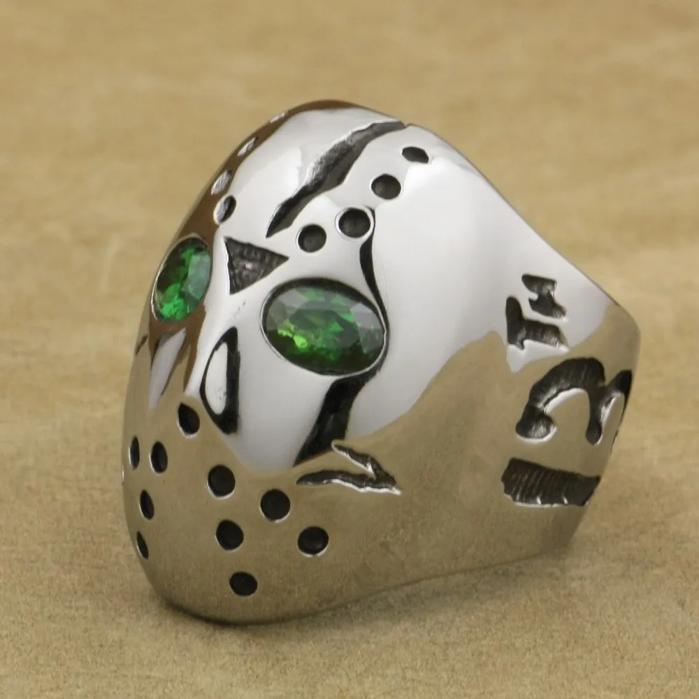 316L Stainless Steel Halloween Jason Hockey Green CZ Eyes Mens Ring 3F201A