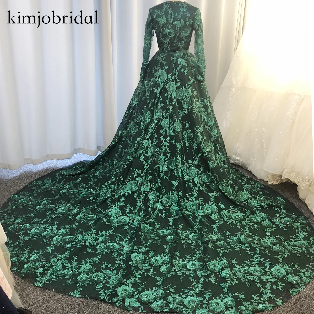 real picture prom dresses green lace appliques detachable train sparky prom dress long sleeve evening dresses chapel train dress