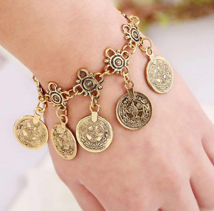 KMVEXO Party Hippy Boho Beach Turkish Jewelry Gold color Coin Vintage Bohemia Carved Coin Bracelets Bangles for Woman pulseras