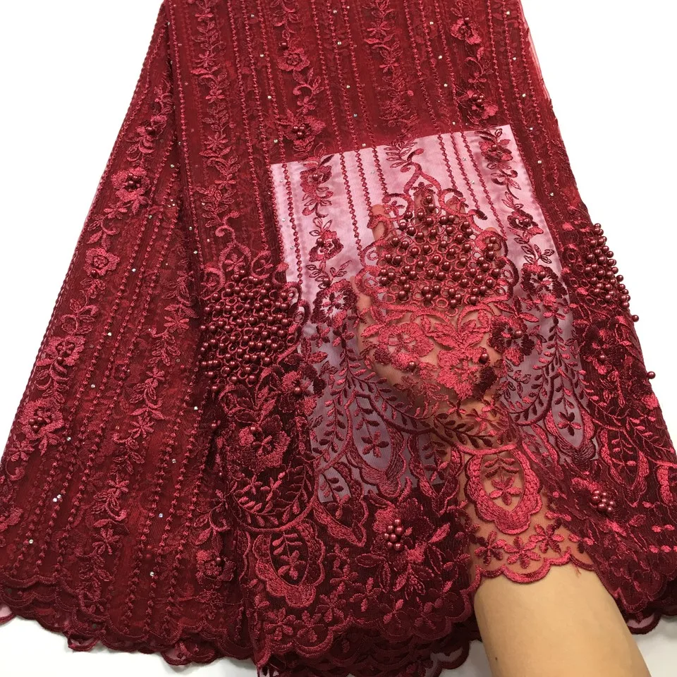 Wine Color High Quality Nigerian Lace Fabrics For Wedding 2021 Latest African French Lace Fabric With Beads And Stones M26701