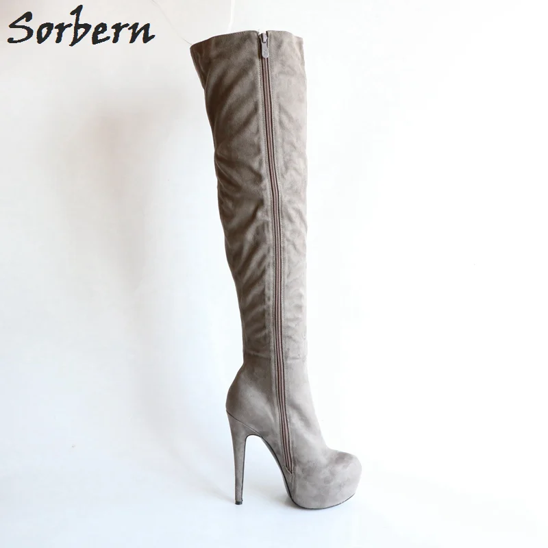 Sorbern Fashion Knee High Boots Grey Women High Heel Winter Shoes Women Eu Size 34 To 46 Custom Wide Calf Fit Heeled Boots New image 4