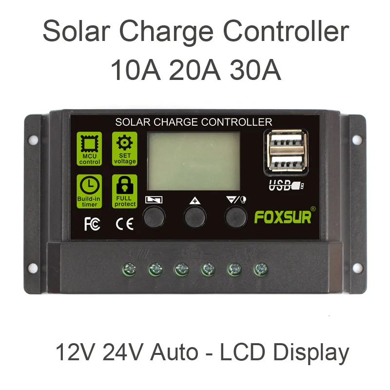 FOXSUR  Solar Charge Controller 12V 24V Auto LCD Display with Dual USB 5V Output  30A 20A 10A PWM Solar Charger Regulator