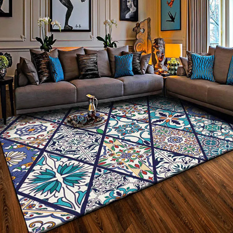 

Vintage style Home Area Rugs and carpets for Living Room Rectangle Tapestry Bohemia Blue Floor Mat Washable Parlor Decor Carpet