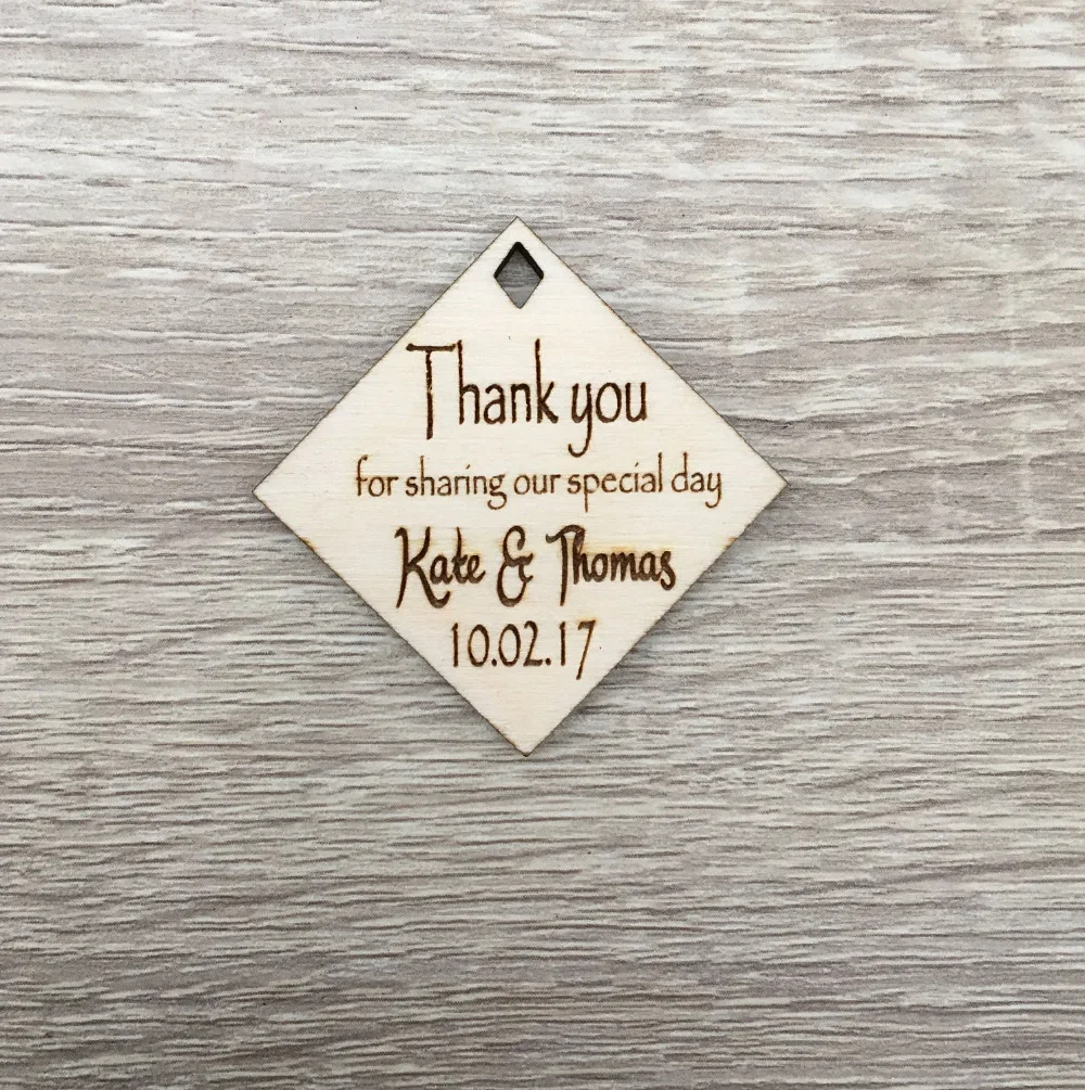 

Custom diamond Wood Tags with name,Thanks you rustic wedding favor tags, personalized Gift tag,wood Hang Tags